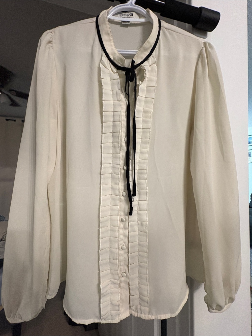 Forever 21 Cream Blouse with Black Tie-Neck